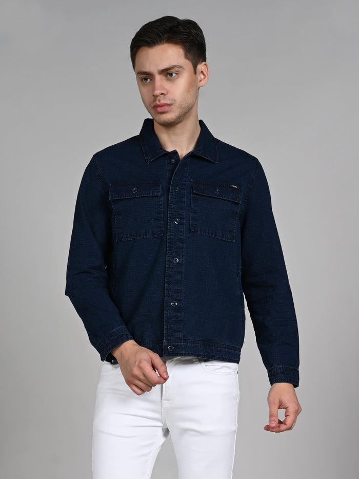 Full Sleeves Loose Fit Navy Indigo Dark Wash Double Pocket Ripstop Shacket.