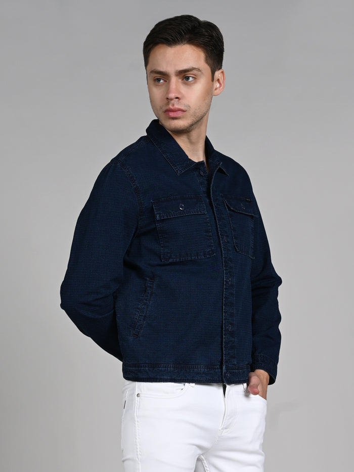 Full Sleeves Loose Fit Navy Indigo Dark Wash Double Pocket Ripstop Shacket.