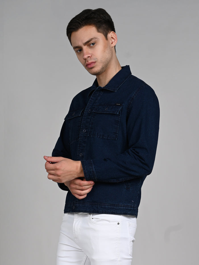 Full Sleeves Loose Fit Navy Indigo Dark Wash Double Pocket Ripstop Shacket.
