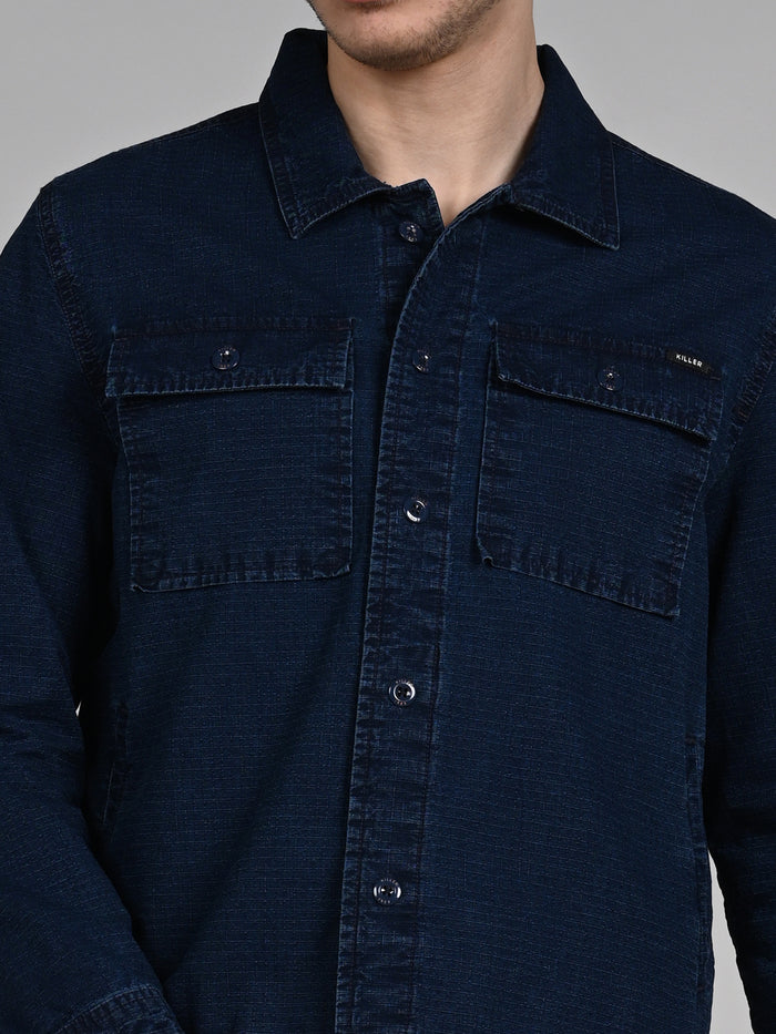 Full Sleeves Loose Fit Navy Indigo Dark Wash Double Pocket Ripstop Shacket.