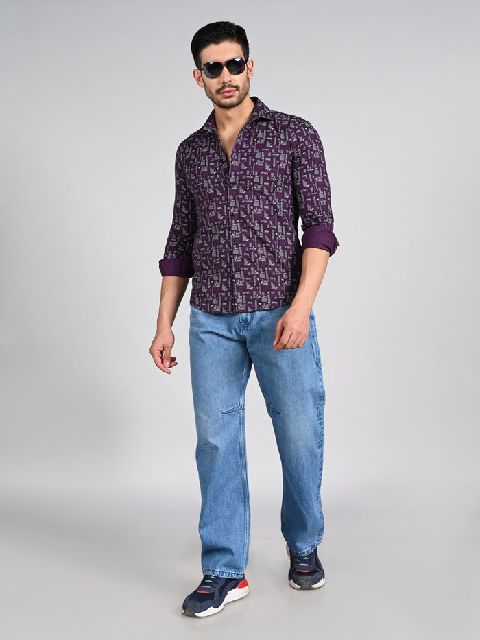 Full Sleeves Slim Fit All-Over Geometric Ethnic Fusion Print Shirt