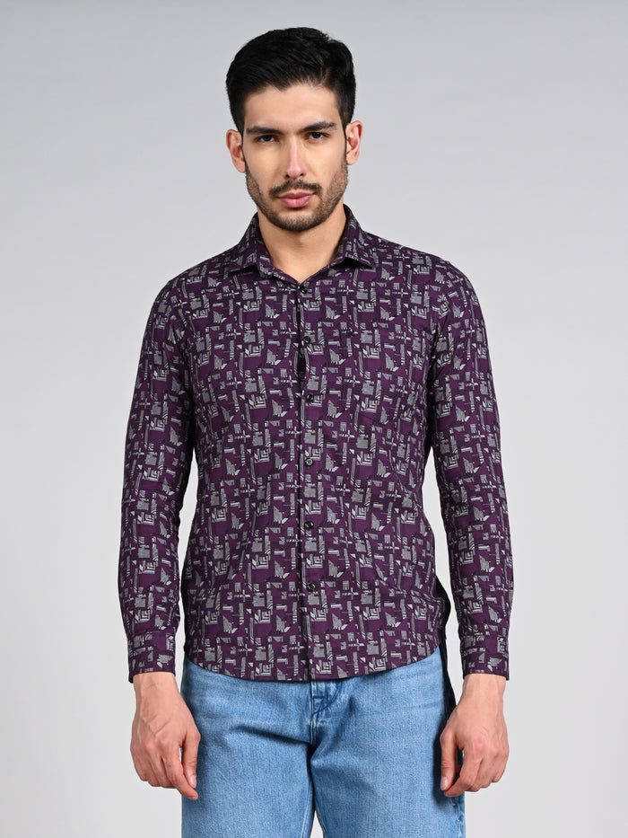 Full Sleeves Slim Fit All-Over Geometric Ethnic Fusion Print Shirt