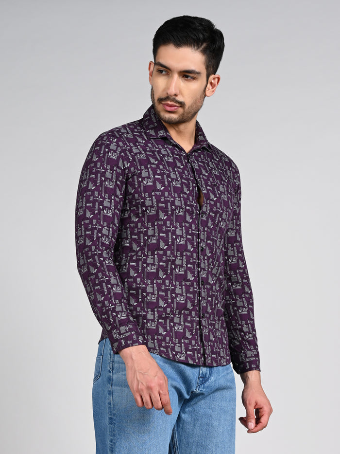 Full Sleeves Slim Fit All-Over Geometric Ethnic Fusion Print Shirt