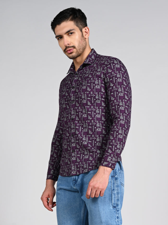 Full Sleeves Slim Fit All-Over Geometric Ethnic Fusion Print Shirt