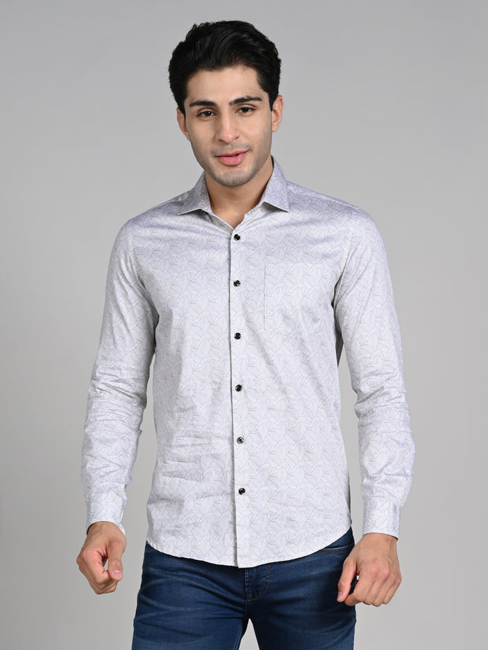 Full Sleeves Slim Fit Beige All Over Abstract Line Print Shirt