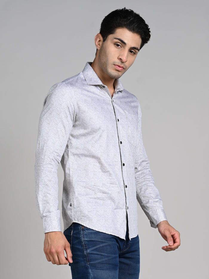 Full Sleeves Slim Fit Beige All Over Abstract Line Print Shirt