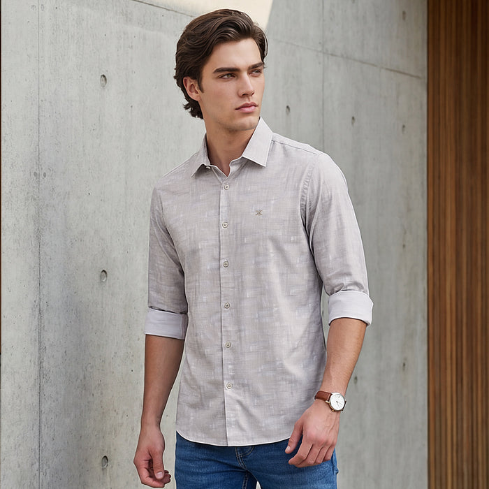 Full Sleeves Slim Fit Beige all-over Tonal Camau print Shirt