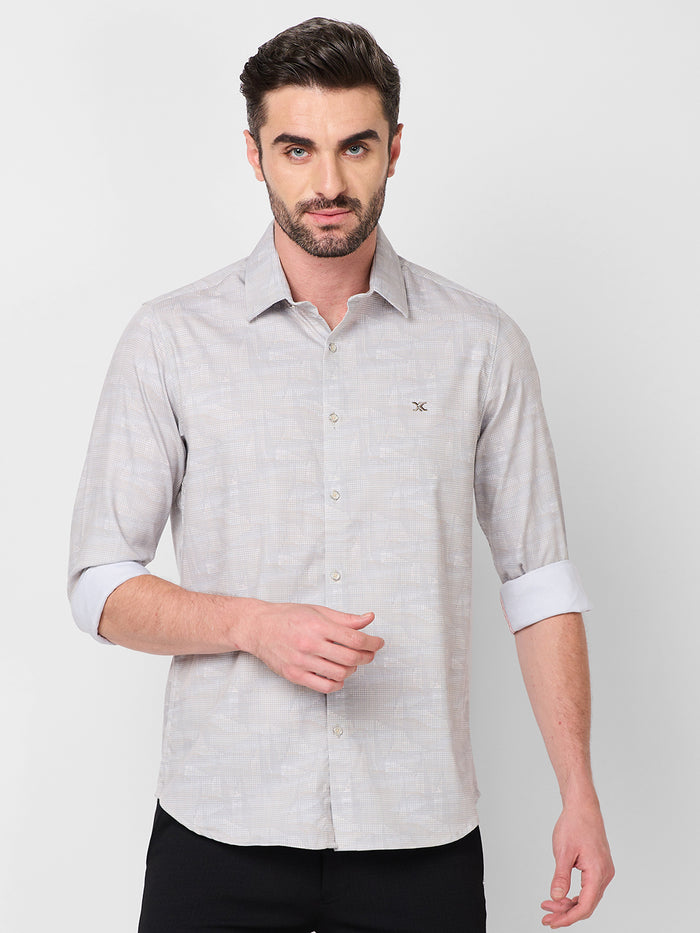 Full Sleeves Slim Fit Beige all-over Tonal Camau print Shirt