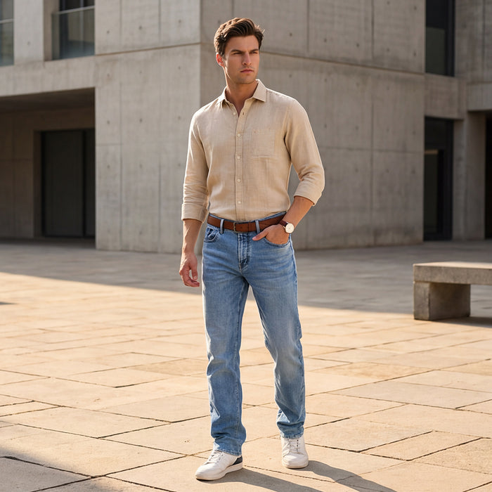 Full sleeves Slim Fit Beige Pure Linen Solid Shirt