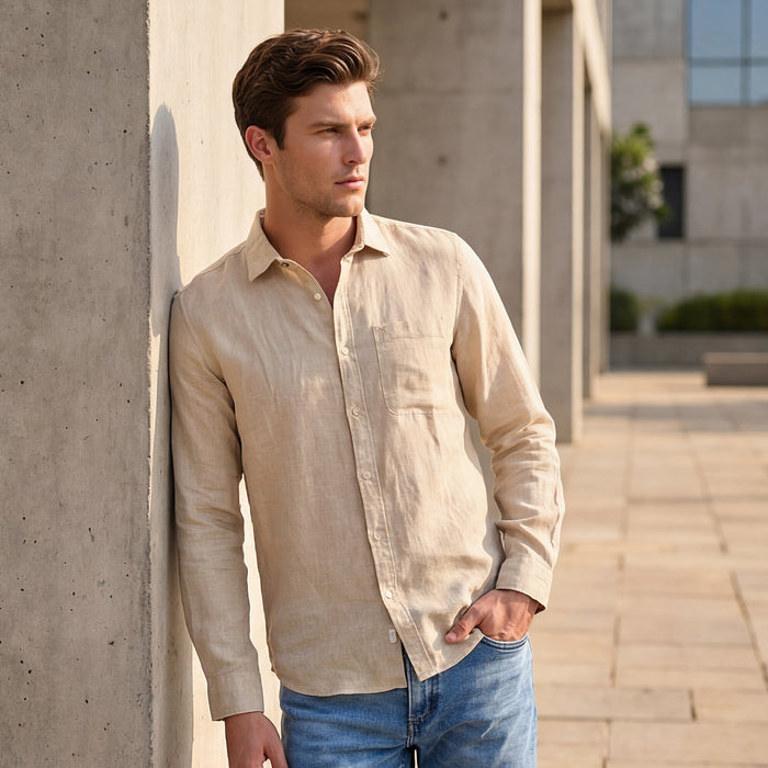 Full sleeves Slim Fit Beige Pure Linen Solid Shirt