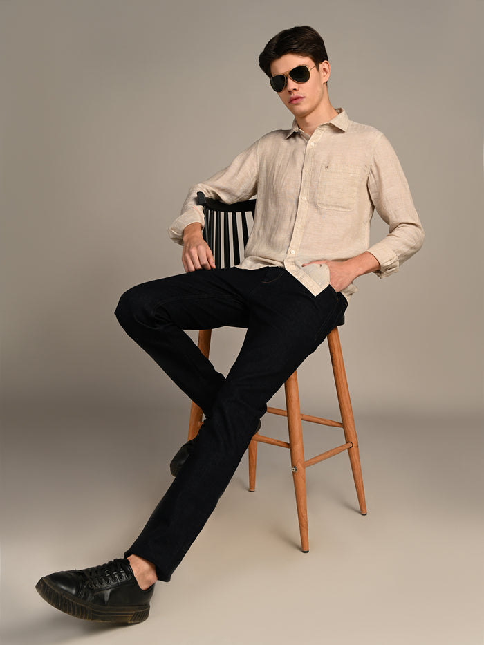 Full sleeves Slim Fit Beige Pure Linen Solid Shirt
