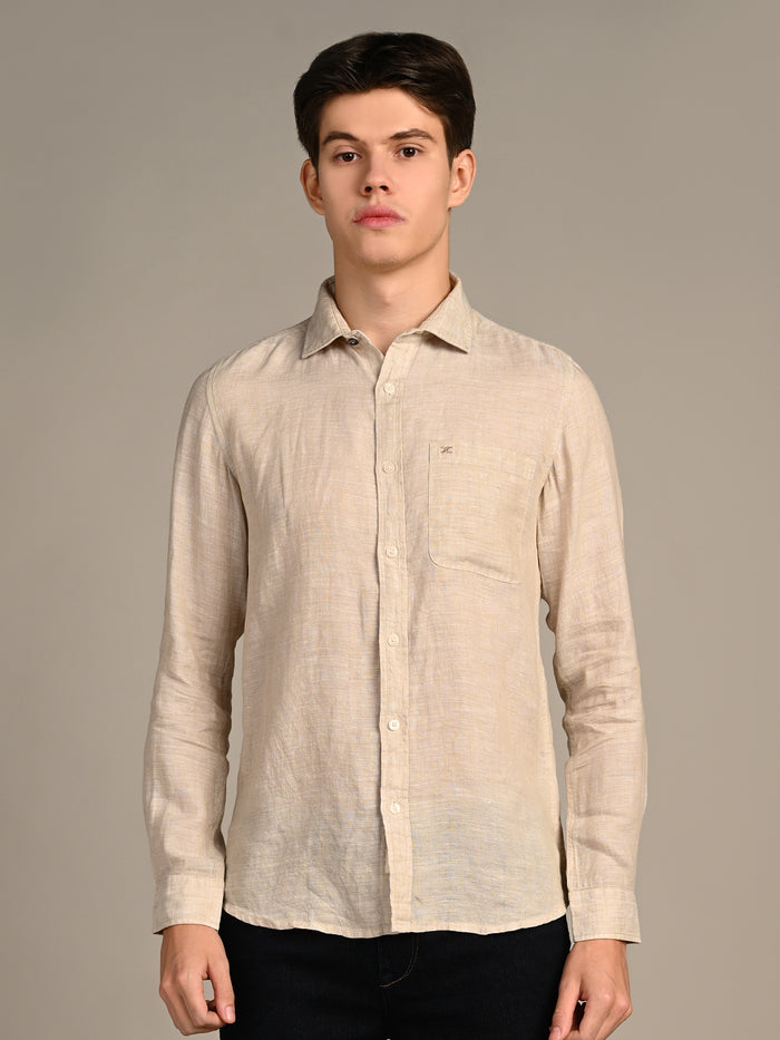 Full sleeves Slim Fit Beige Pure Linen Solid Shirt