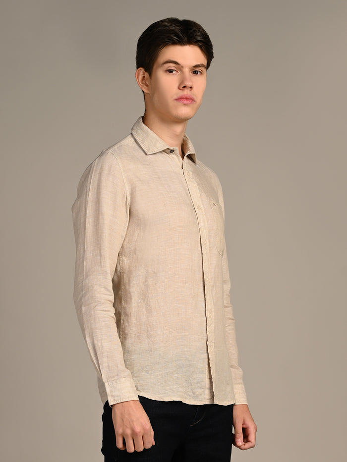 Full sleeves Slim Fit Beige Pure Linen Solid Shirt