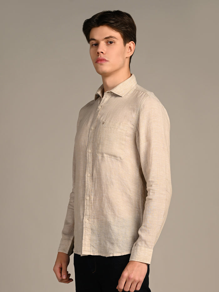 Full sleeves Slim Fit Beige Pure Linen Solid Shirt