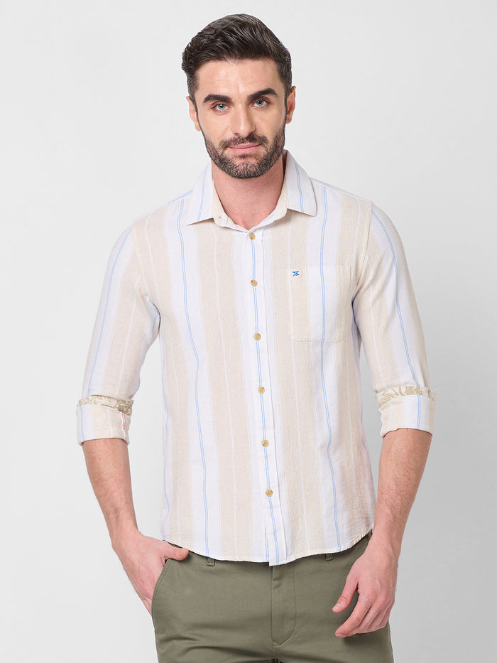 Full Sleeves Slim Fit Beige Stucture Striper Shirt