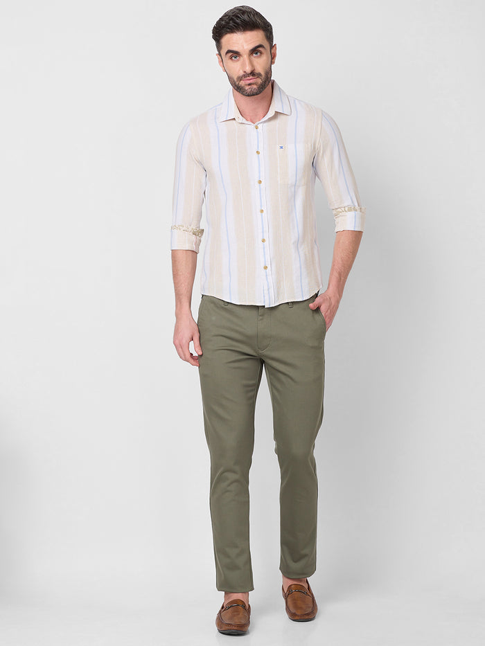 Full Sleeves Slim Fit Beige Stucture Striper Shirt