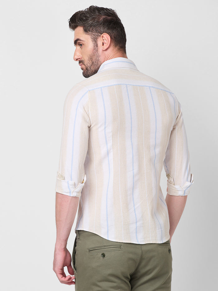 Full Sleeves Slim Fit Beige Stucture Striper Shirt