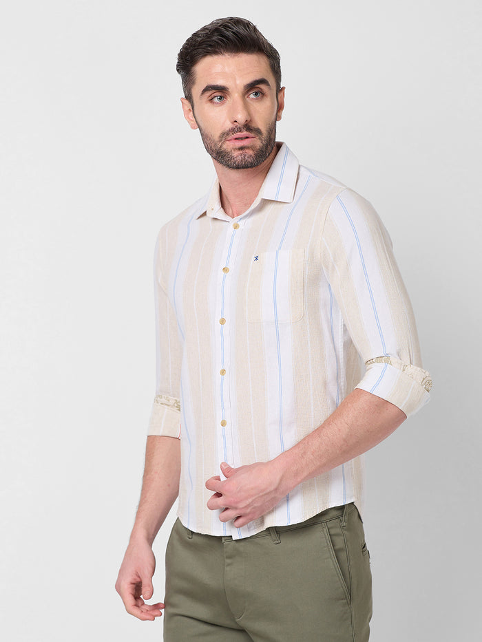 Full Sleeves Slim Fit Beige Stucture Striper Shirt