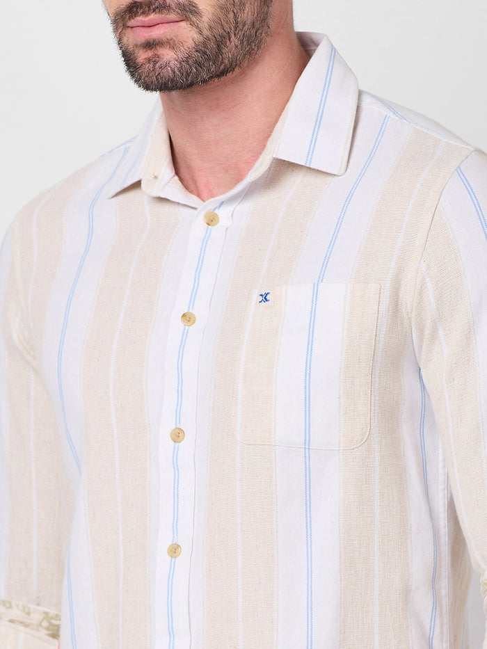 Full Sleeves Slim Fit Beige Stucture Striper Shirt