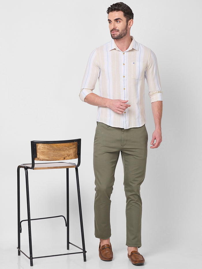 Full Sleeves Slim Fit Beige Stucture Striper Shirt