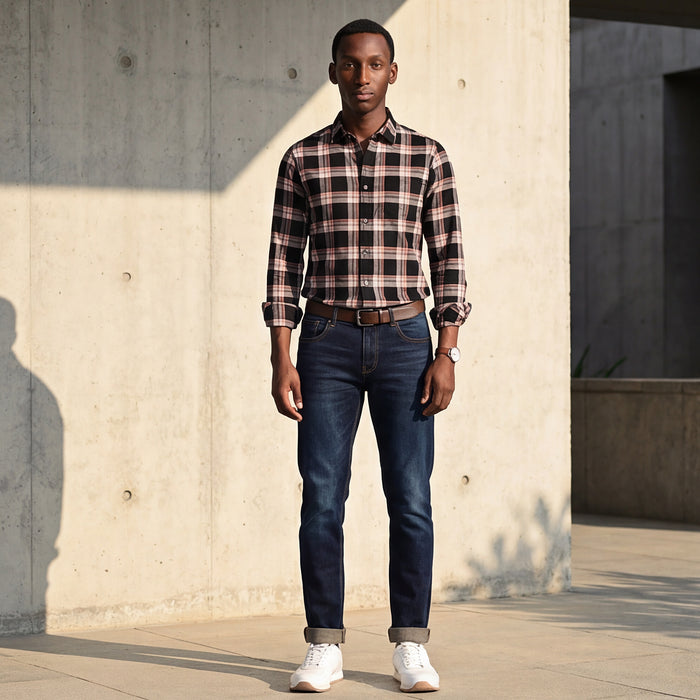Full Sleeves Slim Fit Black Crepe Weave Checks Shirt