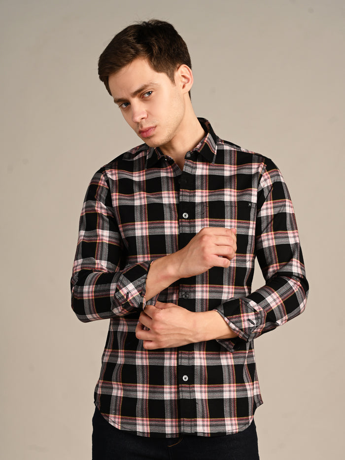 Full Sleeves Slim Fit Black Crepe Weave Checks Shirt