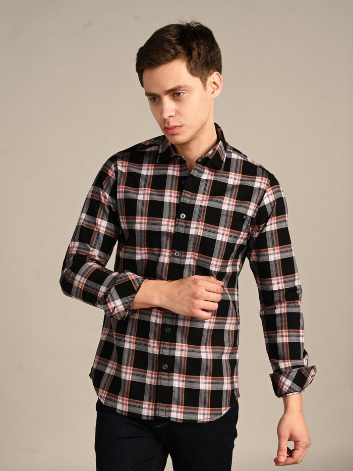 Full Sleeves Slim Fit Black Crepe Weave Checks Shirt