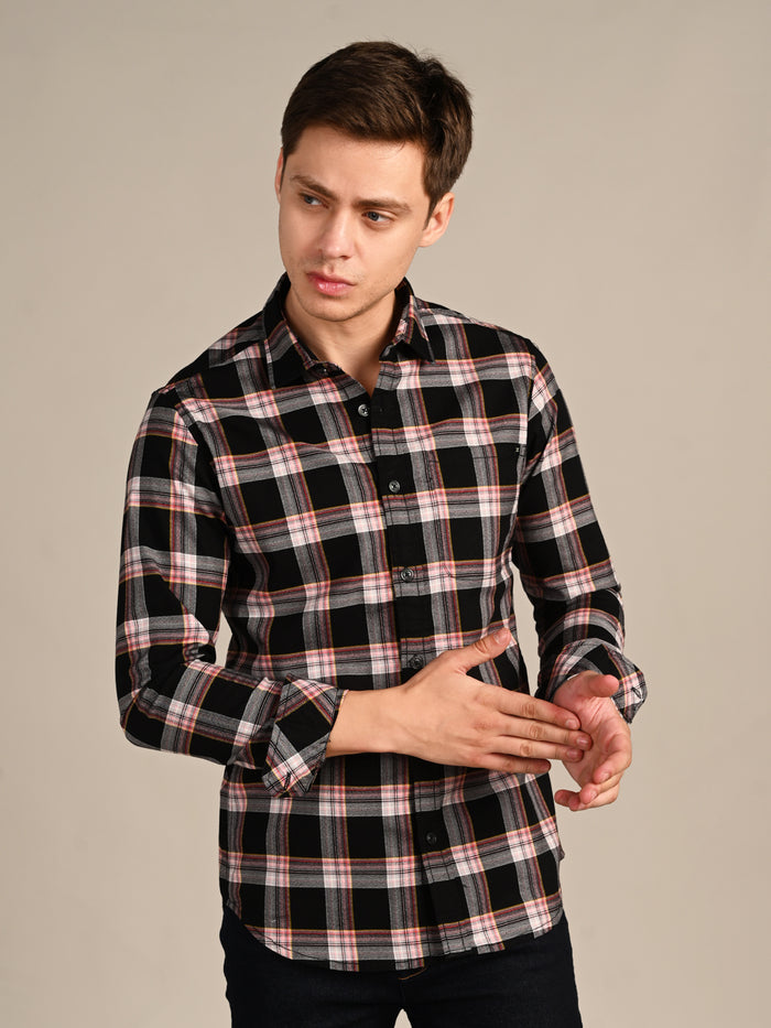 Full Sleeves Slim Fit Black Crepe Weave Checks Shirt