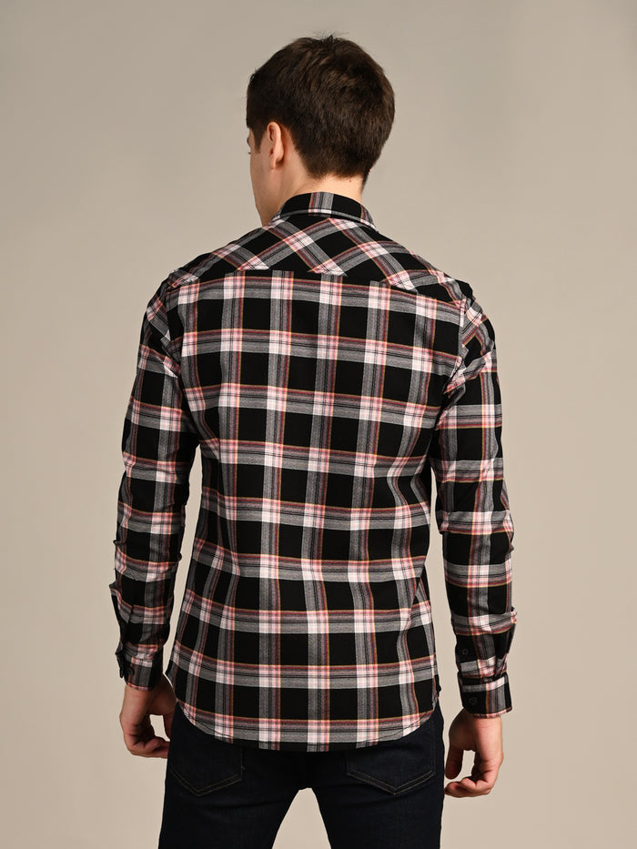Full Sleeves Slim Fit Black Crepe Weave Checks Shirt