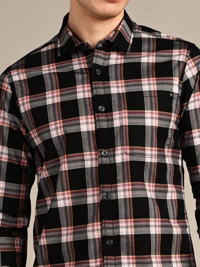 Full Sleeves Slim Fit Black Crepe Weave Checks Shirt