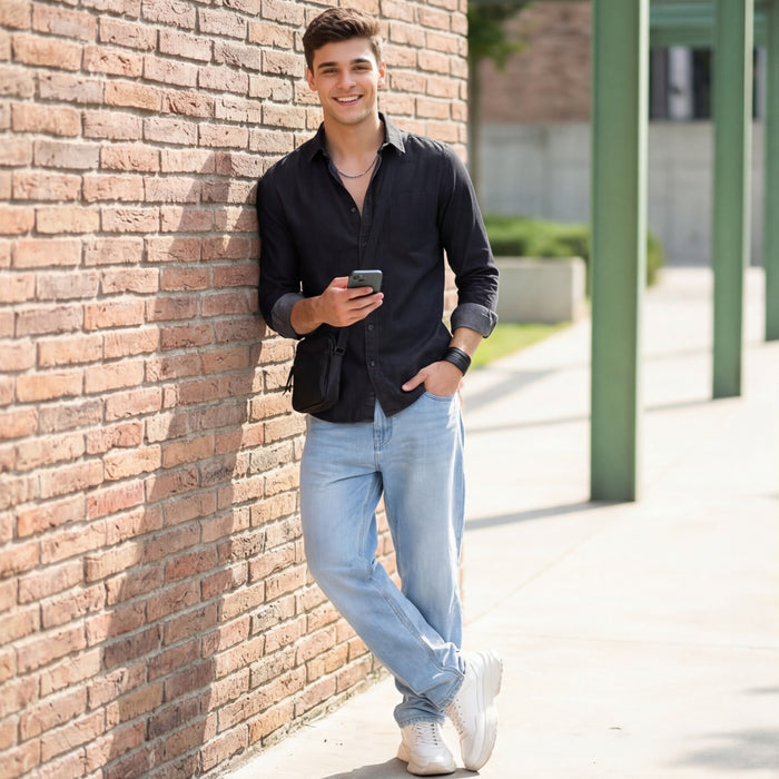 Full Sleeves Slim Fit Black Dark Wash Denim Solid Shirt