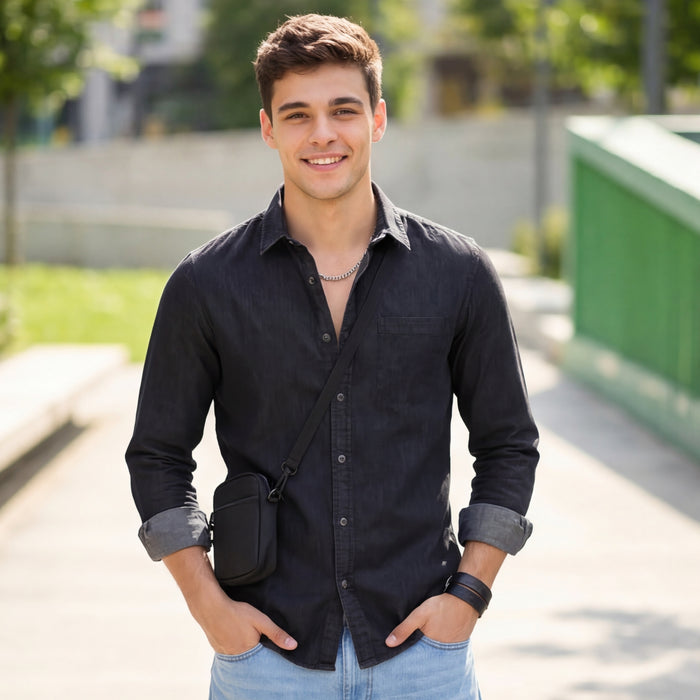 Full Sleeves Slim Fit Black Dark Wash Denim Solid Shirt