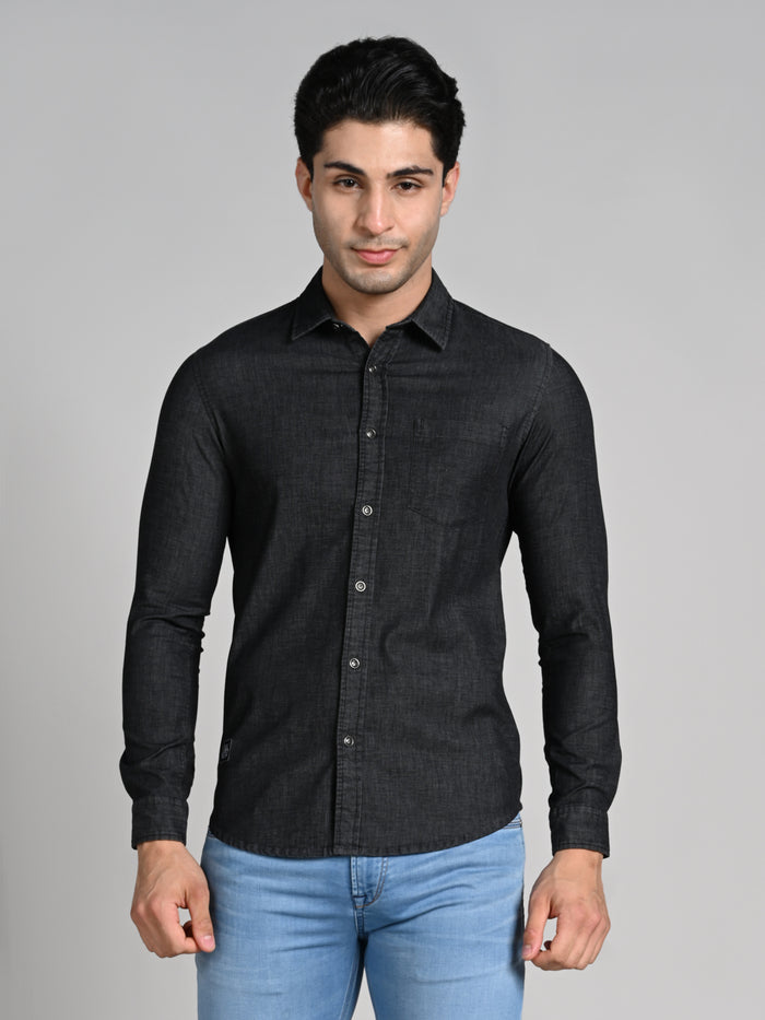 Full Sleeves Slim Fit Black Dark Wash Denim Solid Shirt