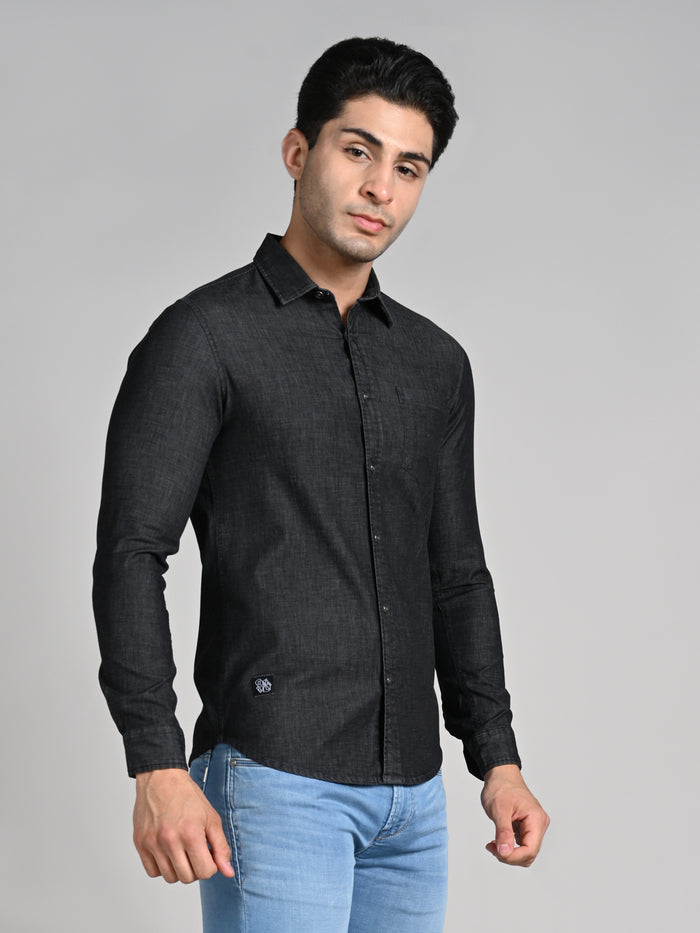 Full Sleeves Slim Fit Black Dark Wash Denim Solid Shirt