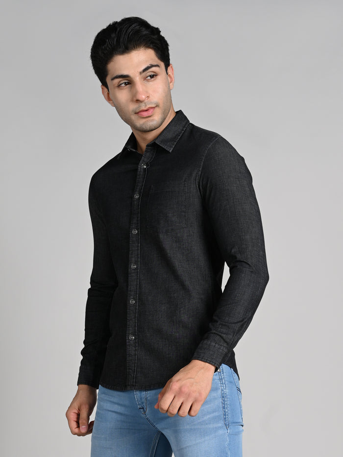 Full Sleeves Slim Fit Black Dark Wash Denim Solid Shirt