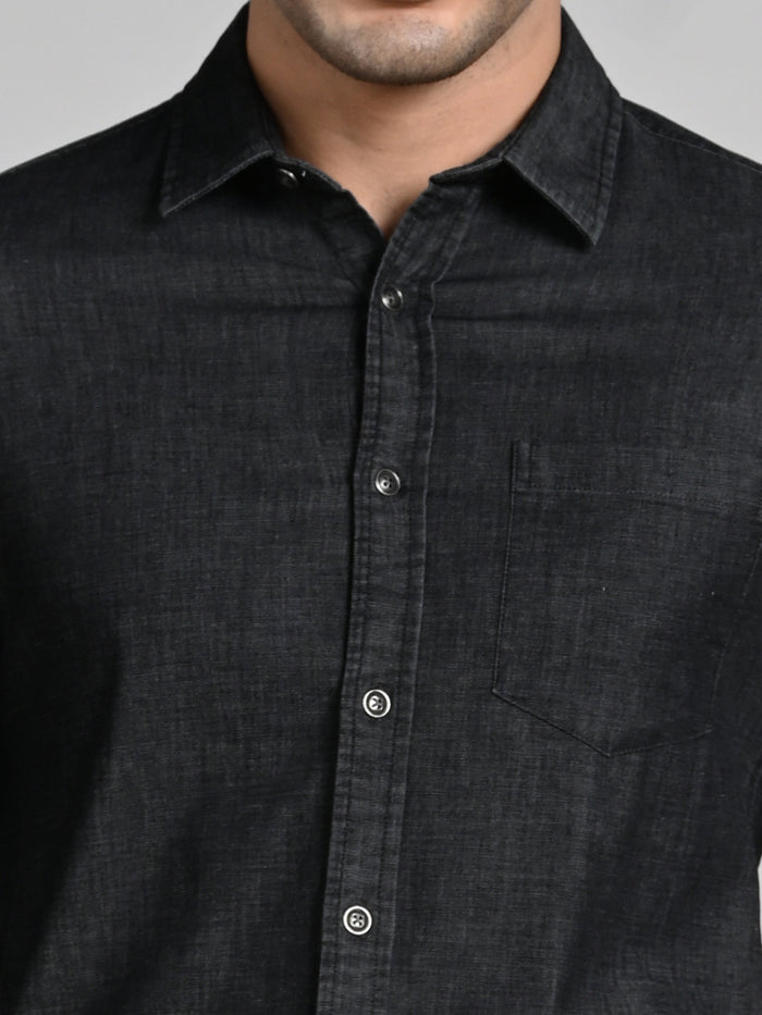 Full Sleeves Slim Fit Black Dark Wash Denim Solid Shirt