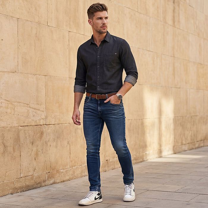 Full sleeves Slim Fit Black Dark Wash Indigo Solid Shirt
