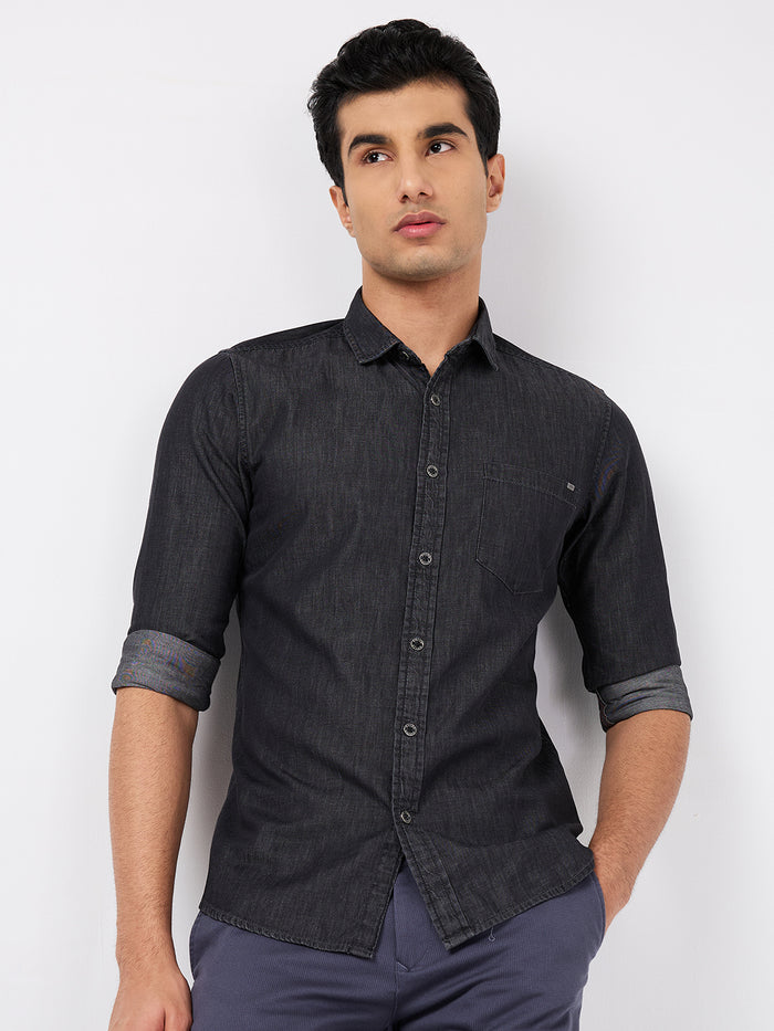 Full sleeves Slim Fit Black Dark Wash Indigo Solid Shirt