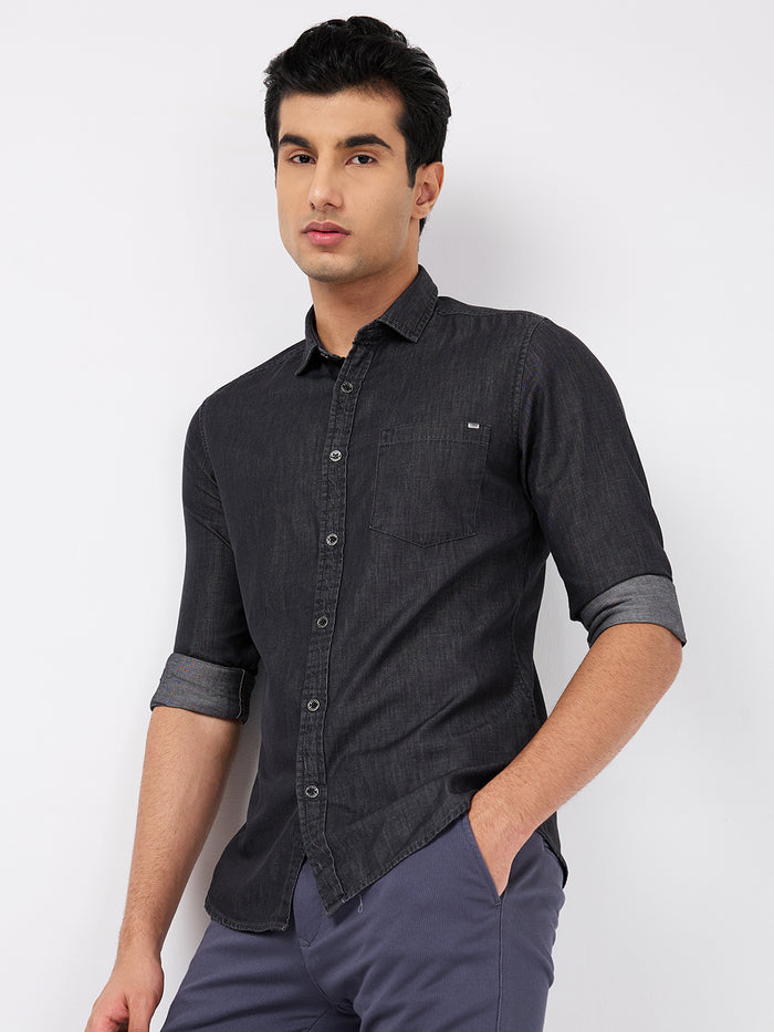 Full sleeves Slim Fit Black Dark Wash Indigo Solid Shirt