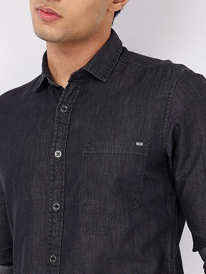 Full sleeves Slim Fit Black Dark Wash Indigo Solid Shirt