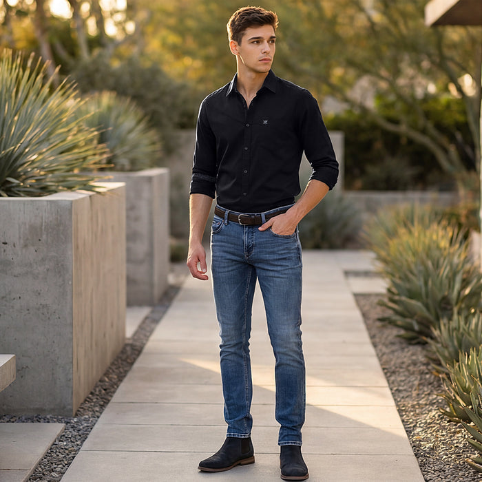 Full Sleeves Slim Fit Black Dobby Structure Button-Down Solid Shirt