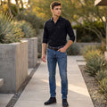 Full Sleeves Slim Fit Black Dobby Structure Button-Down Solid Shirt