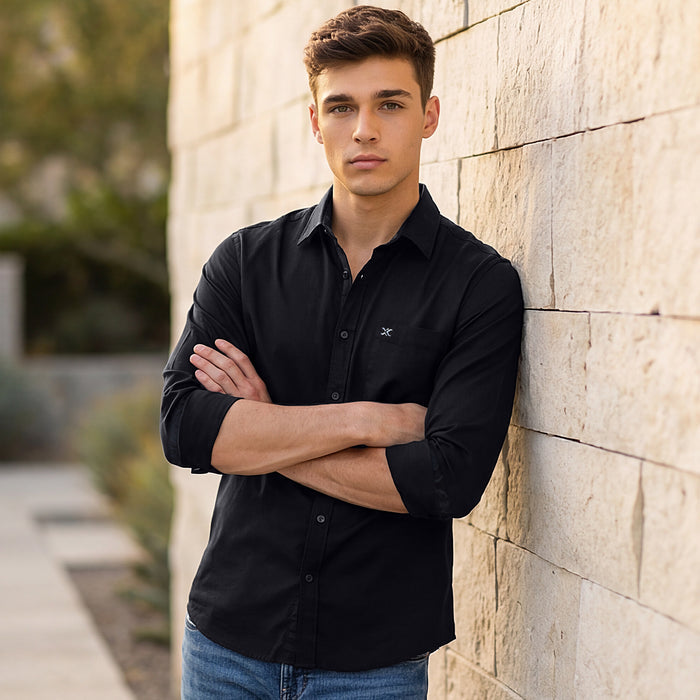 Full Sleeves Slim Fit Black Dobby Structure Button-Down Solid Shirt