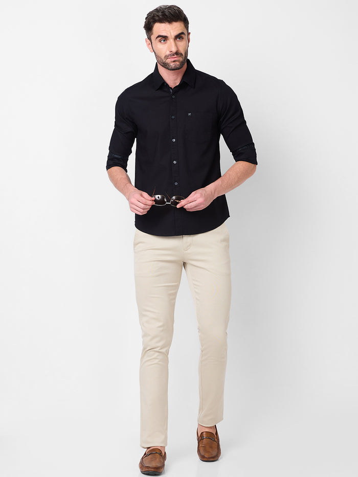 Full Sleeves Slim Fit Black Dobby Structure Button-Down Solid Shirt