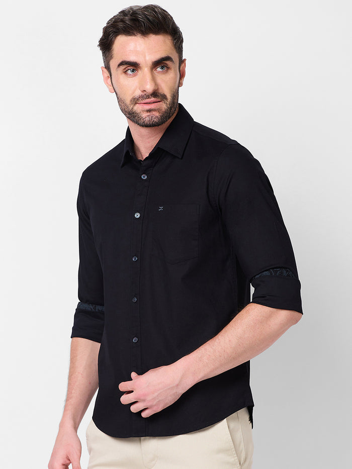 Full Sleeves Slim Fit Black Dobby Structure Button-Down Solid Shirt