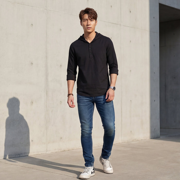 Full sleeves Slim Fit Black Kurta Placket Hoodie Solid Shirt