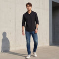 Full sleeves Slim Fit Black Kurta Placket Hoodie Solid Shirt
