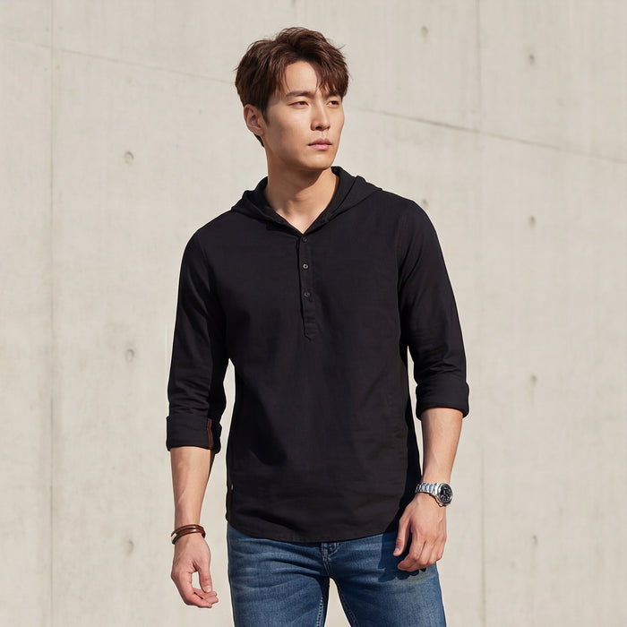 Full sleeves Slim Fit Black Kurta Placket Hoodie Solid Shirt