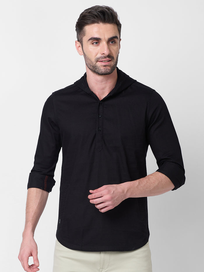 Full sleeves Slim Fit Black Kurta Placket Hoodie Solid Shirt