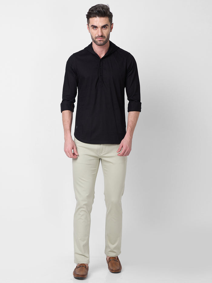 Full sleeves Slim Fit Black Kurta Placket Hoodie Solid Shirt